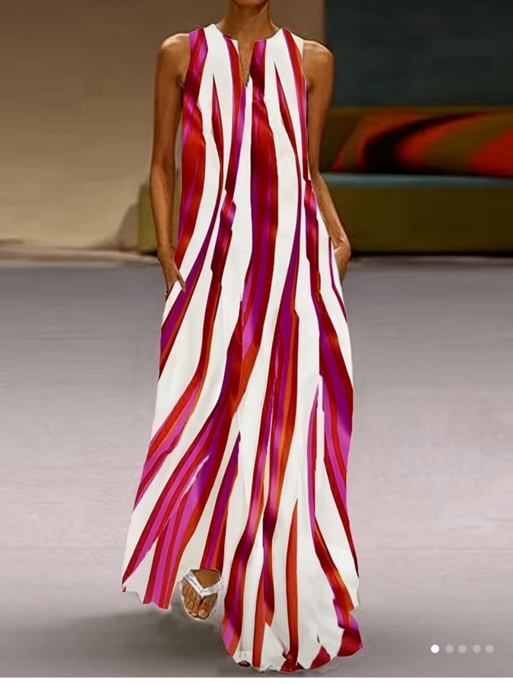 Vibrant flowy red and white abstract printed sleeveless bold maxi dress
